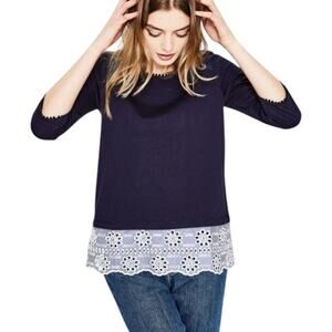 Boden Blue Jersey Broderie Striped Overlay Twofer Top